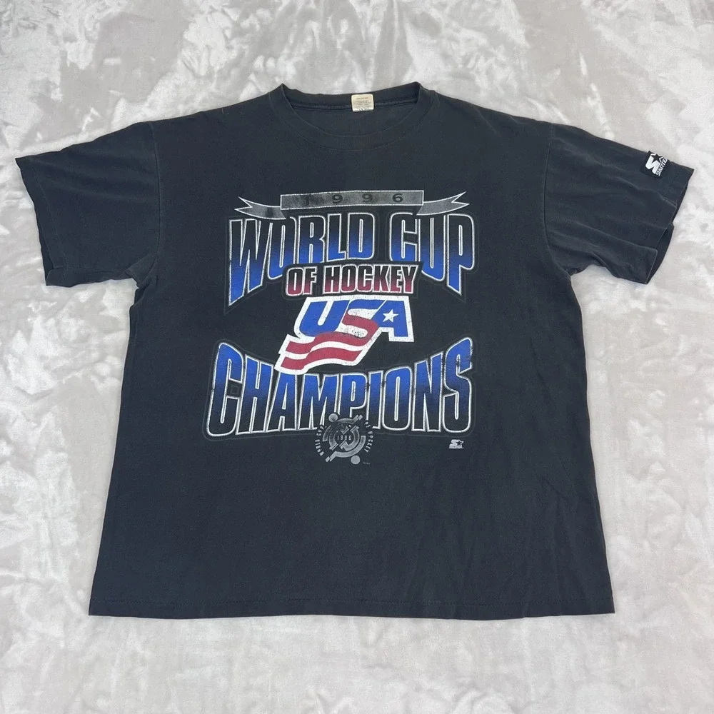 Vintage Starter USA Hockey Shirt Mens Large Black World‎ Cup Champions NHL